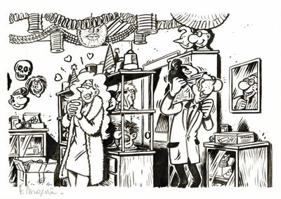 dessin humoristique représentant un homme et une femme dans un magasin avec un bébé