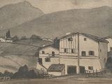 a drawing of a house on a hill with mountains in the background