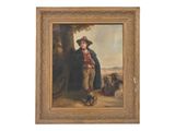 painting of a boy with a dog in a landscape by a tree