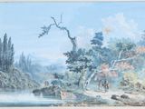 a painting of a man riding a horse by a river