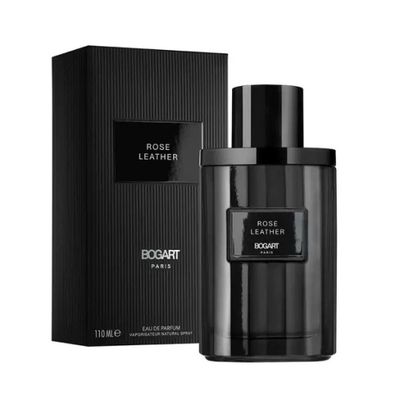un flacon d'eau de Cologne « Black Leather » à côté d'un coffret noir
