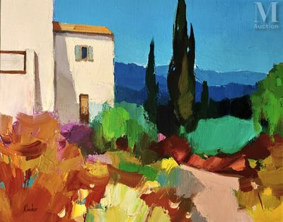 une peinture à l'huile représentant une église au milieu d'un champ de fleurs