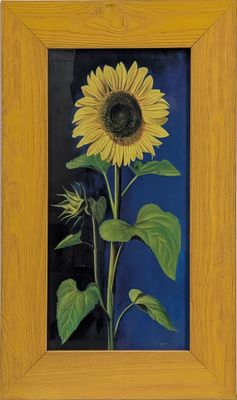 peinture représentant un tournesol dans un cadre en bois sur fond bleu