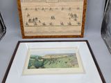 deux tableaux encadrés représentant des chevaux et des cavaliers dans un paysage, avec une carte