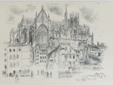 dessin au crayon représentant une grande cathédrale avec une tour horloge en arrière-plan