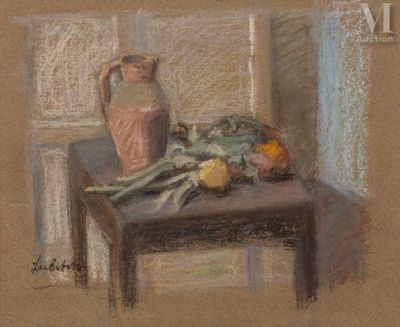 a painting of a vase and some vegetables on a table