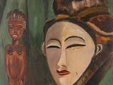 une peinture à l'huile représentant une femme en robe rouge, avec une figurine en bois en arrière-plan