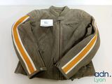 an image of a brown jacket with orange and white stripes on it
