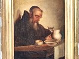 an old painting of a man with a cat sitting at a table with a plate of food