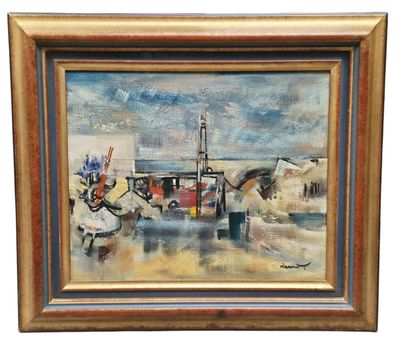 une peinture à l'huile représentant un bateau amarré dans un port, avec d'autres bateaux dans l'eau