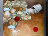 a painting of a clown with a red ball on the floor