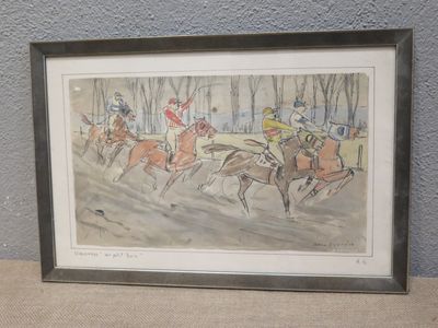 painting of a group of people riding horses in the snow
