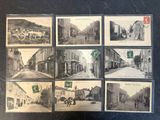 several old black and white photographs of a street in a town