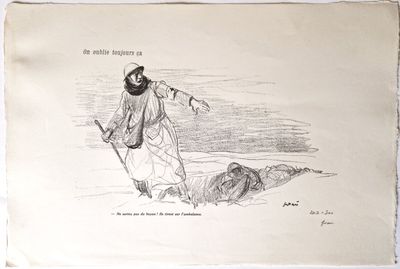 un vieux dessin représentant un homme avec une épée plantée dans le sable