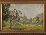 an oil painting of a field with trees and a mountain in the background