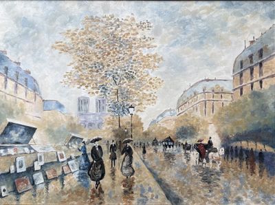 une peinture de personnes marchant dans la rue avec des parapluies
