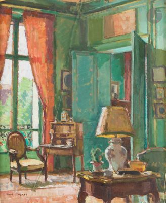tableau représentant un salon aux murs verts, avec une table sur laquelle est posée une lampe