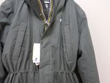 the jacket has a hood and a zipper on the back