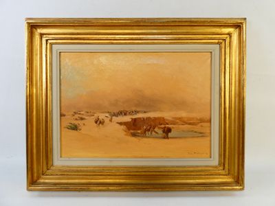une peinture à l'huile représentant un troupeau de bovins dans un paysage désertique