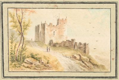 tableau représentant un château sur une colline, avec un homme qui marche sur la route