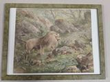 painting of a lion and a lioness in a rocky landscape