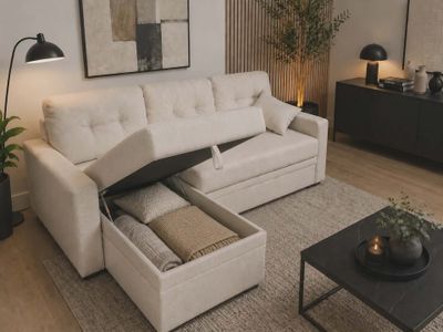 a couch with a pull out bed in the middle of a living room