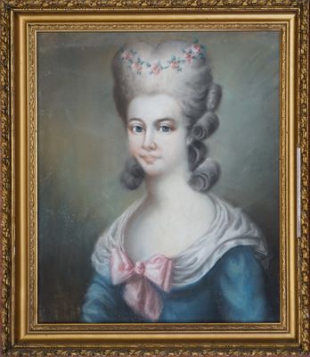 un tableau représentant une femme en robe bleue avec un nœud rose