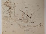 drawing of a boat in a body of water with a tower in the background