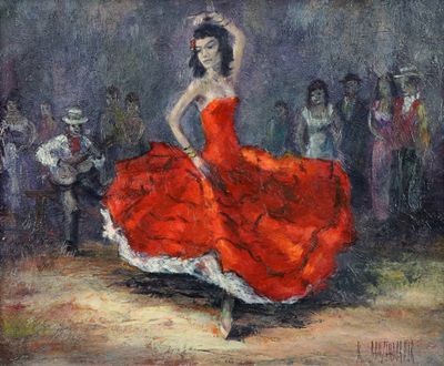 a painting of a woman in a red dress dancing in front of a crowd
