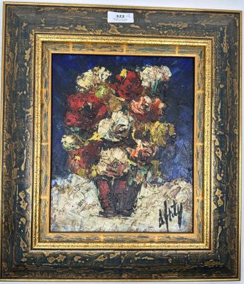 a painting of flowers in a vase on a table