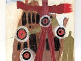 an image of a painting on a white wall with a red and black design