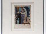 painting of a woman sitting on a chair in a white frame