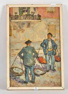 tableau représentant deux hommes marchant dans une rue avec des bagages