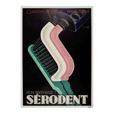 une vieille affiche représentant une brosse à dents et du dentifrice, avec un tube de dentifrice