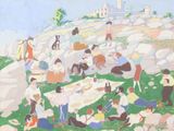 a painting of a group of people sitting on a hill