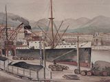 a painting of a ship docked in a harbor