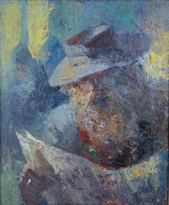 une peinture à l'huile représentant un homme coiffé d'un chapeau en train de lire un journal