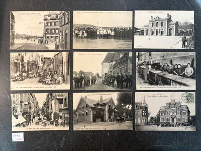 several old black and white photos of people and buildings