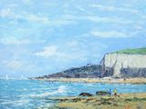 a painting of people walking on the beach near the water