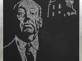 a black and white drawing of a man in a suit and tie