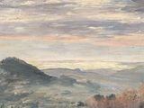 an oil painting of a landscape with a mountain in the distance