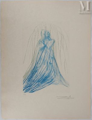 l'image d'un dessin représentant une femme en robe bleue