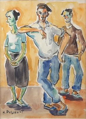 tableau représentant trois hommes debout côte à côte, dont l'un montre du doigt l'autre