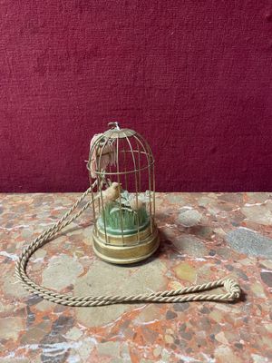 a small bird in a cage on a table