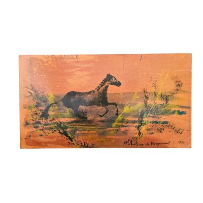 une photo d'un tableau représentant un cheval galopant en pleine nature