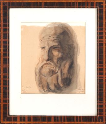 tableau représentant un vieil homme barbu et moustachu, dans un cadre en bois