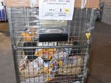 a metal cart with food inside of it in a warehouse