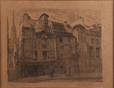 dessin représentant un bâtiment surmonté d'une horloge