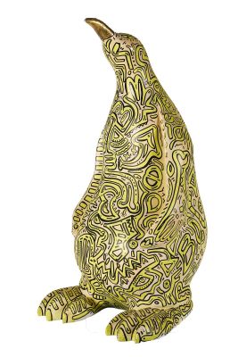 yellow and green ceramic sculpture of a pear on a white background