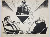 an old cartoon drawing of a man in a top hat talking on a phone